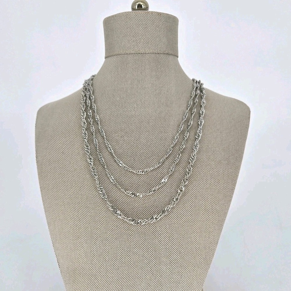 Vintage Silver Tone Multi Strand Chain Necklace Layered Textured Statement 18"